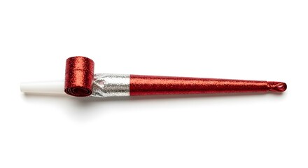 A close-up shot of a red party blower, also known as a party horn or noisemaker. This festive item is often used during celebrations