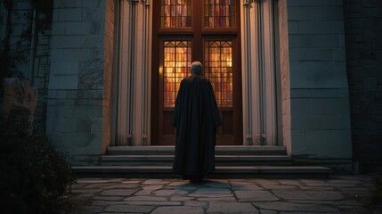 Cleric in Black Robe Walking Toward Church