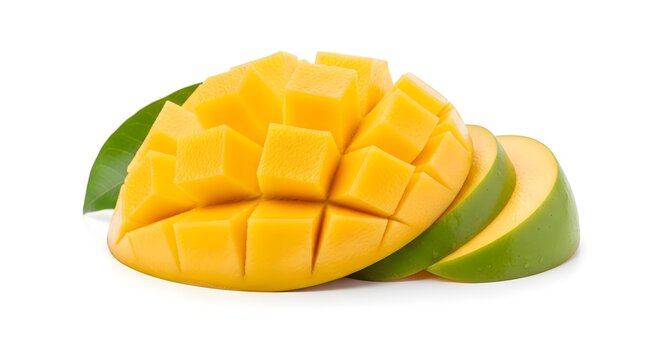 A juicy and colorful mango cut into pieces, with a focus on its delicious texture and vibrant color