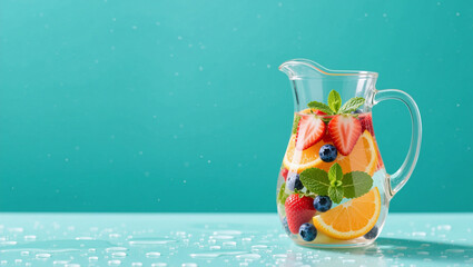 a transparent glass pitcher as the sole subject and focal point, filled with colorful fruit-infused water (sliced strawberries, orange slices, strawberries, orange, mint leaves). 