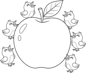 Cute Line Art Apple Surrounded by Singing Birds – Whimsical Outline Illustration for Coloring Pages and Creative Designs
