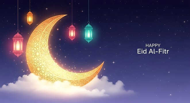 Happy eid alfitr greeting with a radiant crescent moon on clouds, adorned with colorful lanterns against a starry night