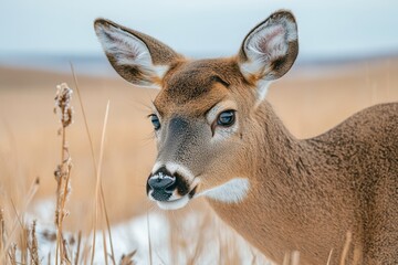 Fototapeta premium Graceful White Tailed Deer Doe Grazing Peacefully in a Snowy Winter Meadow Surrounded by Nature