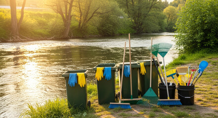 Cleaning supplies near river, environmental protection concept.