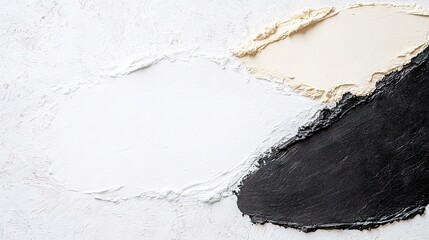 A close-up, top-down view of a textured surface with distinct, overlapping swirls of white, beige, and black material, creating an abstract composition with a s