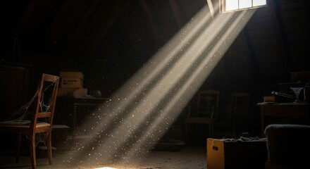 Sunlight streams through dusty attic window illuminating floating particles old forgotten room