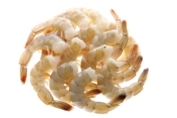 Pile of raw peeled shrimp isolated on white background