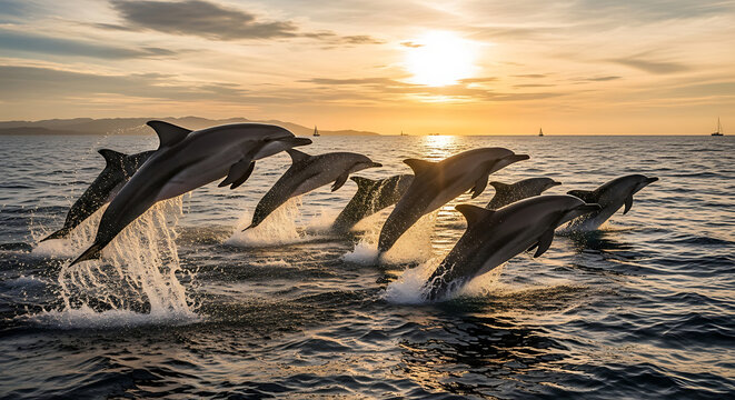 Dolphins swimming in the ocean at sunset with birds flying in the sky