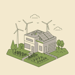 An isometric illustration of a sustainable house with solar panels and wind turbines, surrounded by a garden and trees.