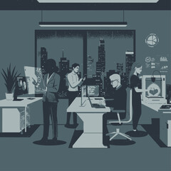 An illustration of a modern office space with people working on computers and technology.