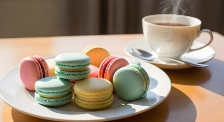 Colorful French macarons with cozy mood served on a plate beside a steaming cup of tea on a sunlit table