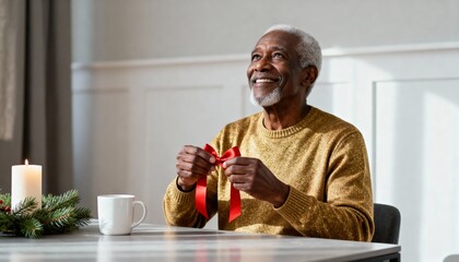 Smiling senior African American man holding a red bow for a Christmas gift. Happy elderly black man in a festive gold sweater preparing for the holidays at home