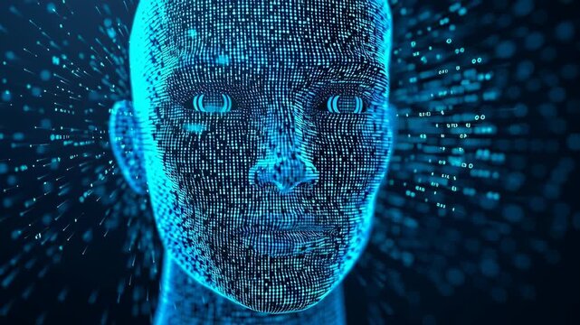 A digital human face composed of glowing binary code elements.