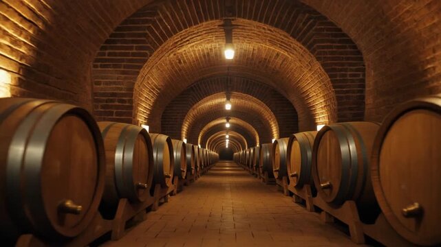 Cinematic Rustic Wine Cellar with Symmetrical Rows of Wooden Barrels Under Warm Brick-Arched Lighting and Deep Atmospheric Perspective