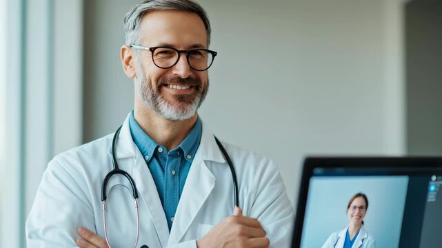 A smiling doctor in a white coat with a stethoscope in a modern office.