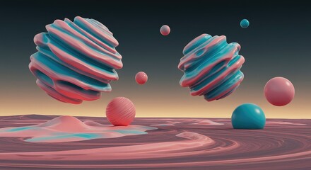 A bizarre, impossible landscape where molten geometric structures drift above a swirling void in vibrant, unexpected colors ,glowing ,texture ,void