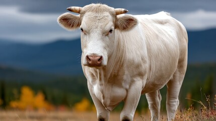 Majestic Charolais Cow Grazing on Lush Green Pasture Under Clear Blue Sky in Beautiful Farmland