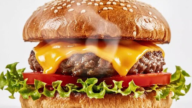 Delicious cheeseburger with a juicy beef patty, melted cheese, fresh lettuce, and tomato on a sesame seed bun, isolated on white background animated 4k video