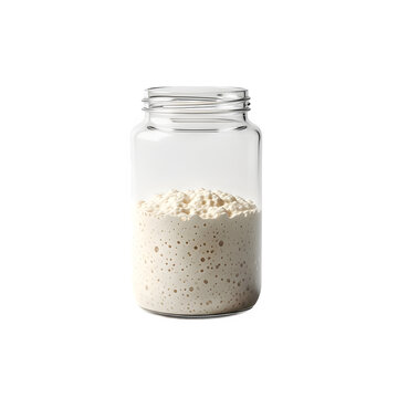 Sourdough starter in glass jar fermenting with bubbles for baking isolated on transparent background