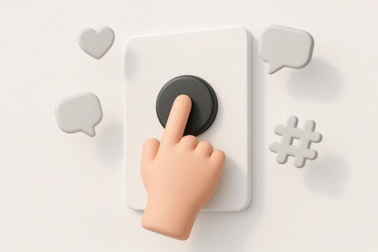 Engagement Button: A hand presses a button, symbolizing digital interaction, with social media icons suggesting user connection, content sharing, and online engagement.