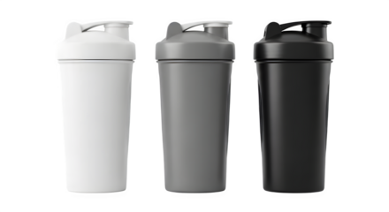 Three protein shaker bottles in white grey and black for fitness enthusiasts isolated on transparent background