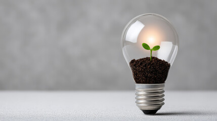 Young green seedling growing in soil inside clear light bulb glowing softly with gray background