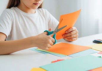 A close-up of a child cutting orange construction paper with scissors. Creative arts and crafts activity for kids. Education and fine motor skills development at home or school