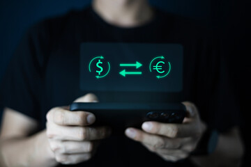 Exchange money. Online banking operations and interbank digital payment. Money transfers from different currencies internationally and currency exchange global