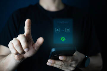 Secure Online Payment Transaction Process concept. Businessman confirming secure online payment using credit card through digital interface