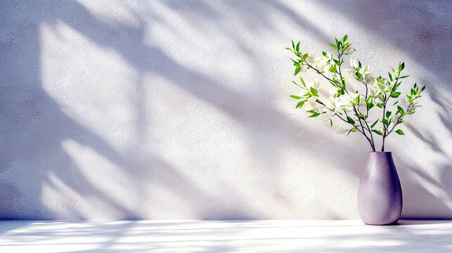 A delicate arrangement of white flowers with green leaves in a purple vase, placed on a white surface. Sunlight casts dappled shadows across a textured white wa