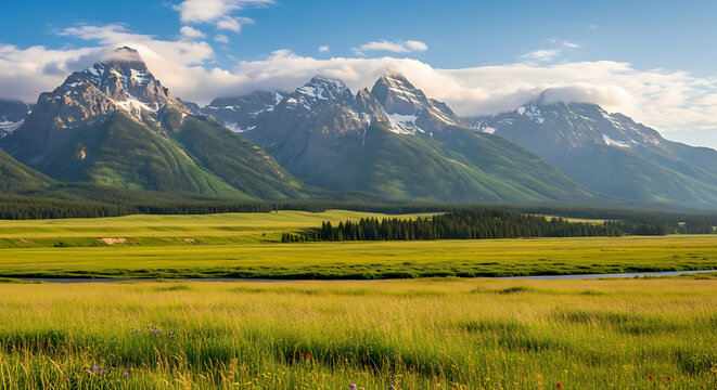 Panoramic summer mountain landscape featuring a clear lake nestled in a green alpine valley surrounded by high rocky peaks and white clouds