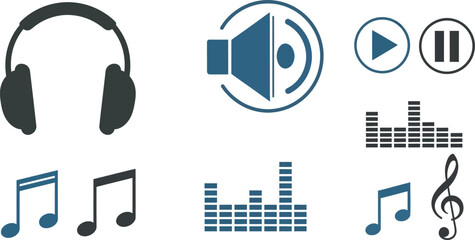 Collection of music and audio icons representing sound playback and listening
