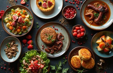 Various dishes arranged on dark table. Includes salads, tart, meat, fruit, and grains. Culinary diversity for festive or everyday dining, fresh ingredients and prepared meals.