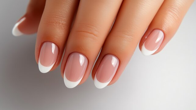 Elegant French manicure with natural pink base and white tips on white background for nail salons, beauty blogs, and product promotions