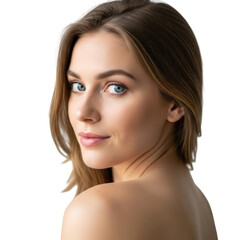 Fototapeta premium Portrait of a beautiful young woman with blonde hair and blue eyes looking over her shoulder against a white background