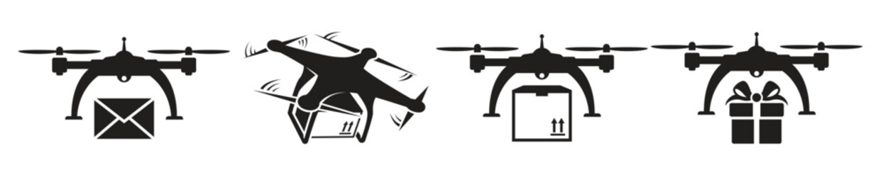 drones delivery icons black on a white background