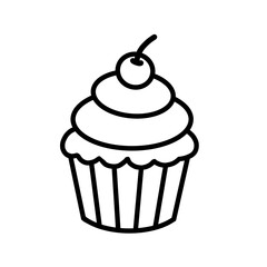 Line art cupcake with tall frosting swirl and a cherry on top. Simple and decorative, great for bakery menus, stickers, and sweet-themed designs.
