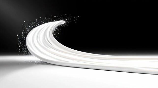 A dynamic, abstract image featuring a wave-like formation of white liquid or material, with small particles of white powder being dispersed from its crest. The