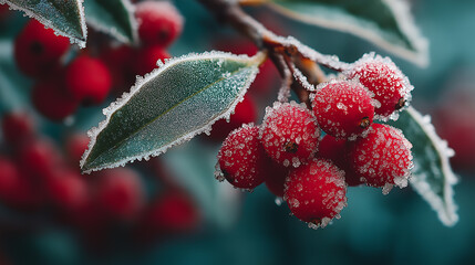 Close up of red berries and green leaves covered in frost during winter time
