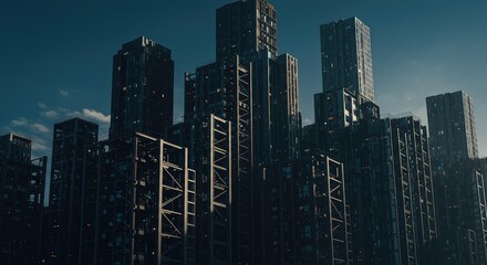 Obraz premium A dense cluster of modern steel and glass towers dominates the expansive horizon, suggesting commerce, complex infrastructure, and rapid growth ,highrise ,perspective ,busy