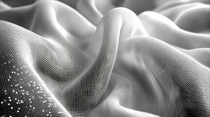 Close-up of flowing white mesh fabric with a grid pattern, creating soft waves and folds. Tiny sparkling particles are scattered across the surface, illuminated