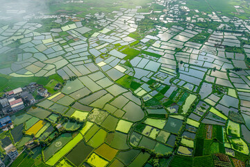 Aerial view of colorful agricultural fields and fish ponds forming a geometric pattern.