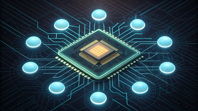 Central processor with glowing blue nodes on circuit board