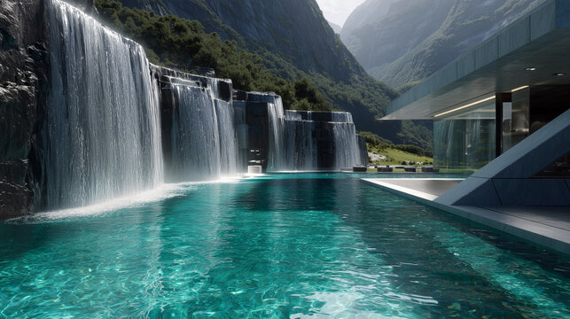 Serene Architectural Concept of a High-End Resort Spa with a Private Swimming Pool and Cascading Waterfalls Nestled in a Deep Nature Valley - Powered by Adobe