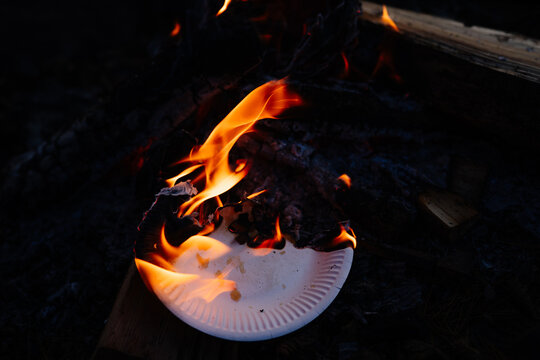 Burning paper plate with flames consuming it, surrounded by charred wood and embers, creating a dramatic scene of fire and destruction in a natural setting - Powered by Adobe