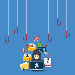 Hacker in front of his computer committing digital cybercrime, trying to steal confidential data, personal information and credit card detail. Hacking concept.	