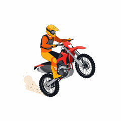 Obraz premium vector of a trail rider performing a front-wheel lift mid-air on a red-black motorcycle, dust scattering beneath, orange-yellow safety gear