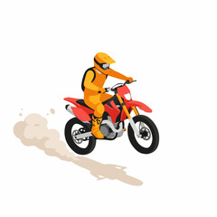 Obraz premium vector of a trail rider hovering mid-jump on a red-black dirt bike, arms extended for balance, orange-yellow helmet and gear, dust cloud below