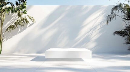 A minimalist outdoor scene featuring a white rectangular platform on a white tiled floor, with lush green palm trees casting dappled shadows on a white wall und