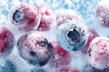 Frozen blueberries melting in zero gravity, advertisement for frozen berries and fruits. 